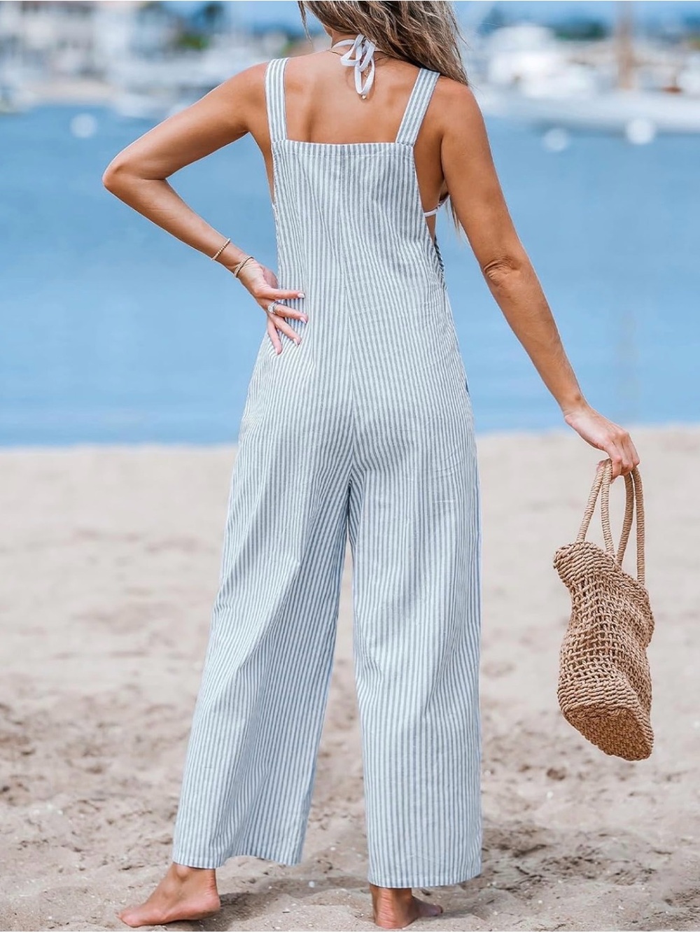 Pretty Garden Blue White Striped Cropped Wide Leg Overall Jumpsuit Cotton Size M - Picture 5 of 12